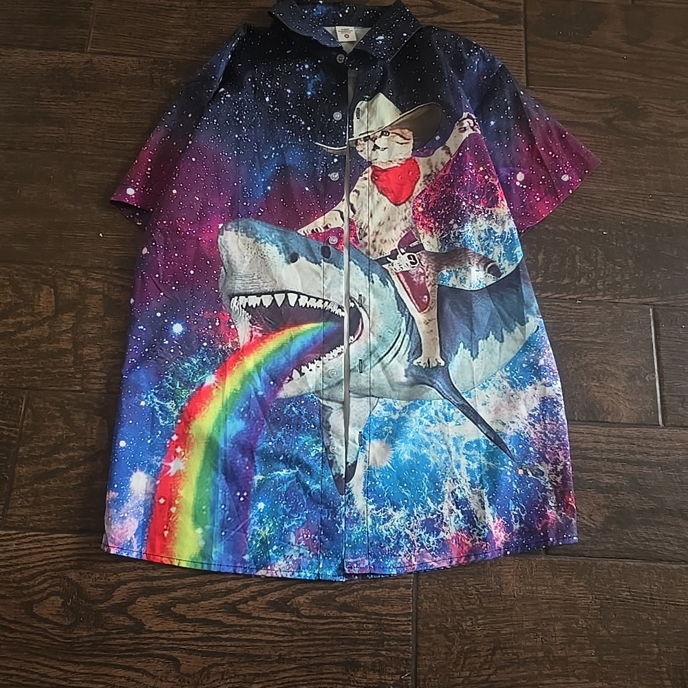 Galaxy Cat Shark Puking Rainbow Button Down Size Medium Shirt